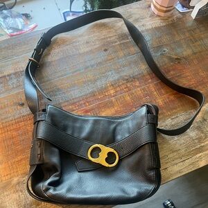 Black Leather Tory Burch Shoulder Bag with Gold Buckle